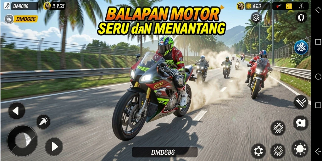 Screenshot DMD686 menampilkan aksi balapan motor yang mendebarkan.