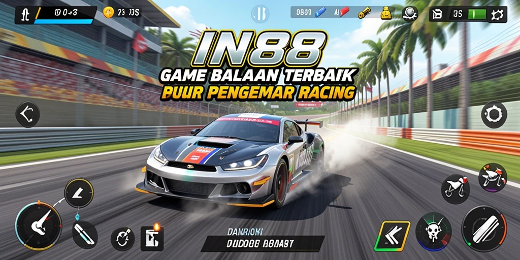 Screenshot gameplay IN88 menunjukkan aksi balapan yang mendebarkan dan kendaraan beragam.