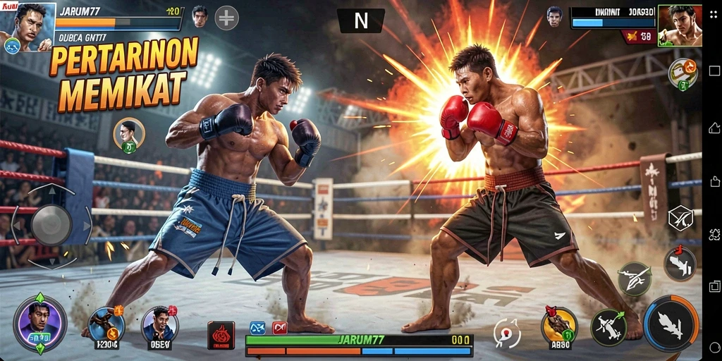 Tampilan gameplay menegangkan dalam JARUM77 dengan aksi pertarungan yang mendebarkan.