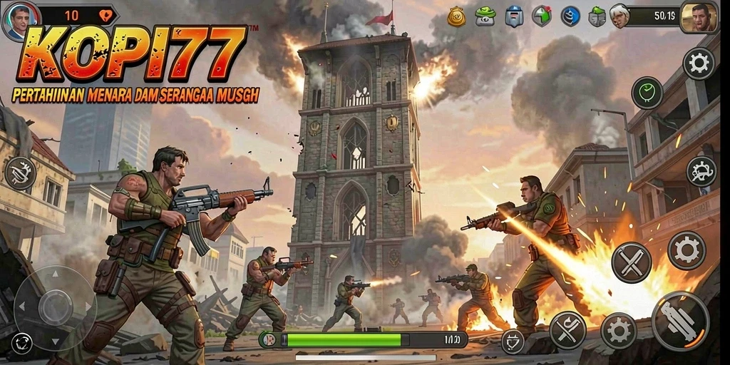 Tampilan gameplay KOPI77 yang menampilkan pertahanan menara yang dinamis.