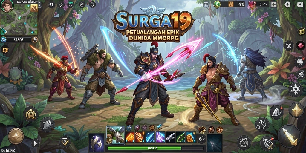 Screenshot gameplay SURGA19 yang menunjukkan pertempuran epik dan dunia yang indah.