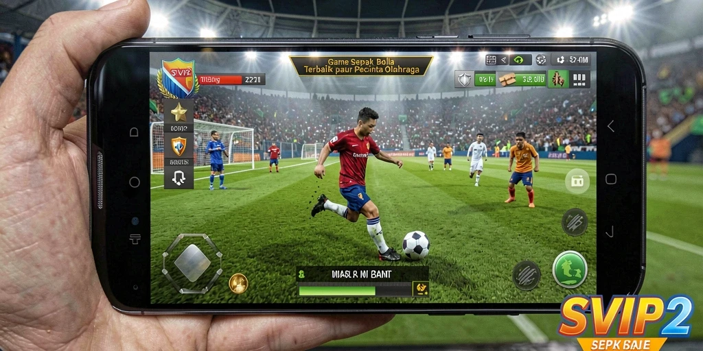 Screenshot permainan SVIP2 yang menampilkan aksi seru di lapangan sepak bola.