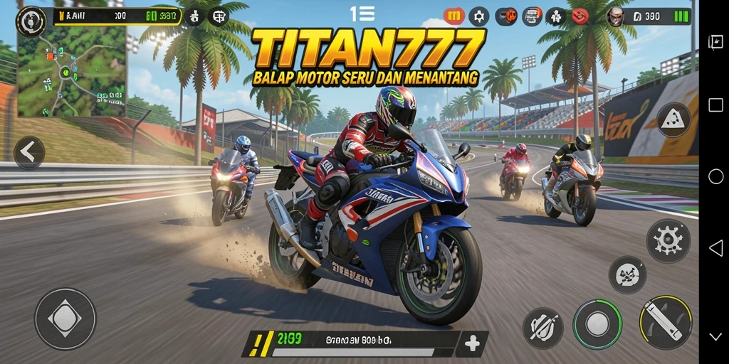 Screenshot utama TITAN777 menampilkan aksi balap motor yang memukau.