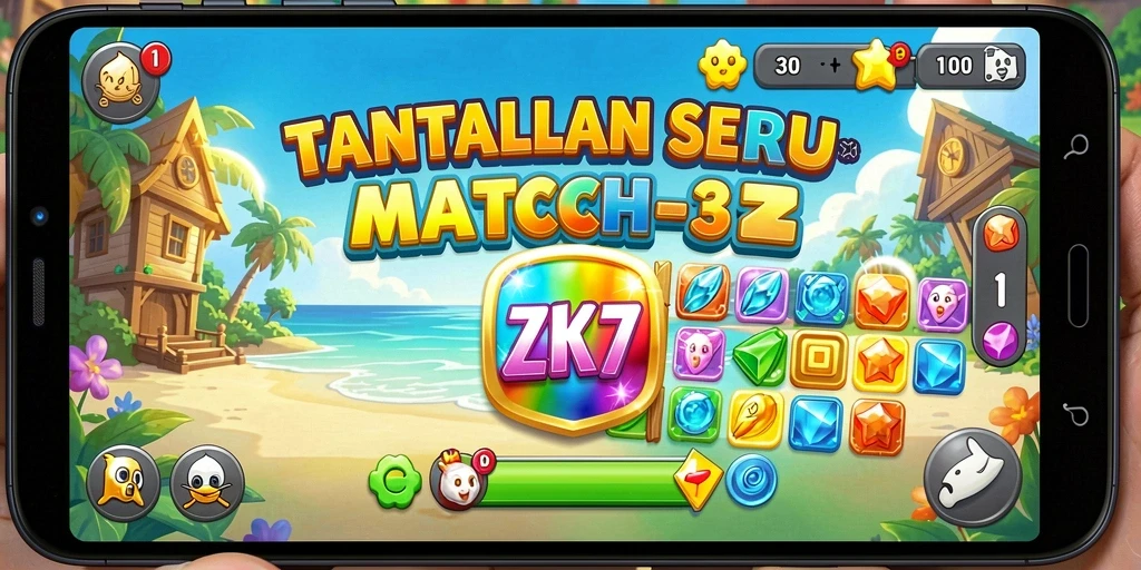 Screenshot gameplay ZK7 yang menampilkan level Match-3 yang menantang.
